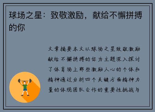 球场之星：致敬激励，献给不懈拼搏的你